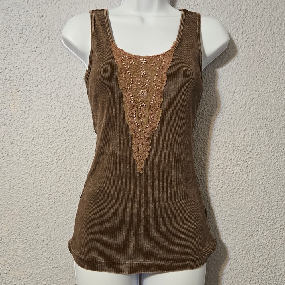 One World Beaded Lace Ribbed Tank Top L Brown Boho Fairycore Y2K Grunge Earthy